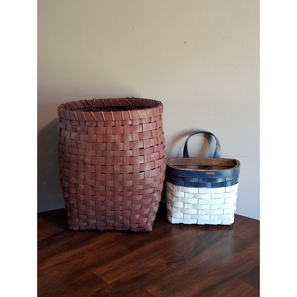 Vintage Woven Splint Basket Set Red Tall Floor & Blue White Wall Hanging Decor